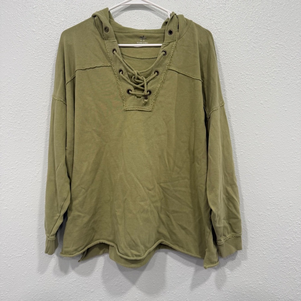 Aerie Womens Olive Green Lace Up Hoodie Raw Edge Sweatshirt Small